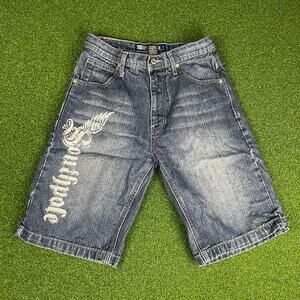 Vintage 90s Y2K Southpole Dark Wash Dyed Spell Out Graphic Jorts Sz 14
